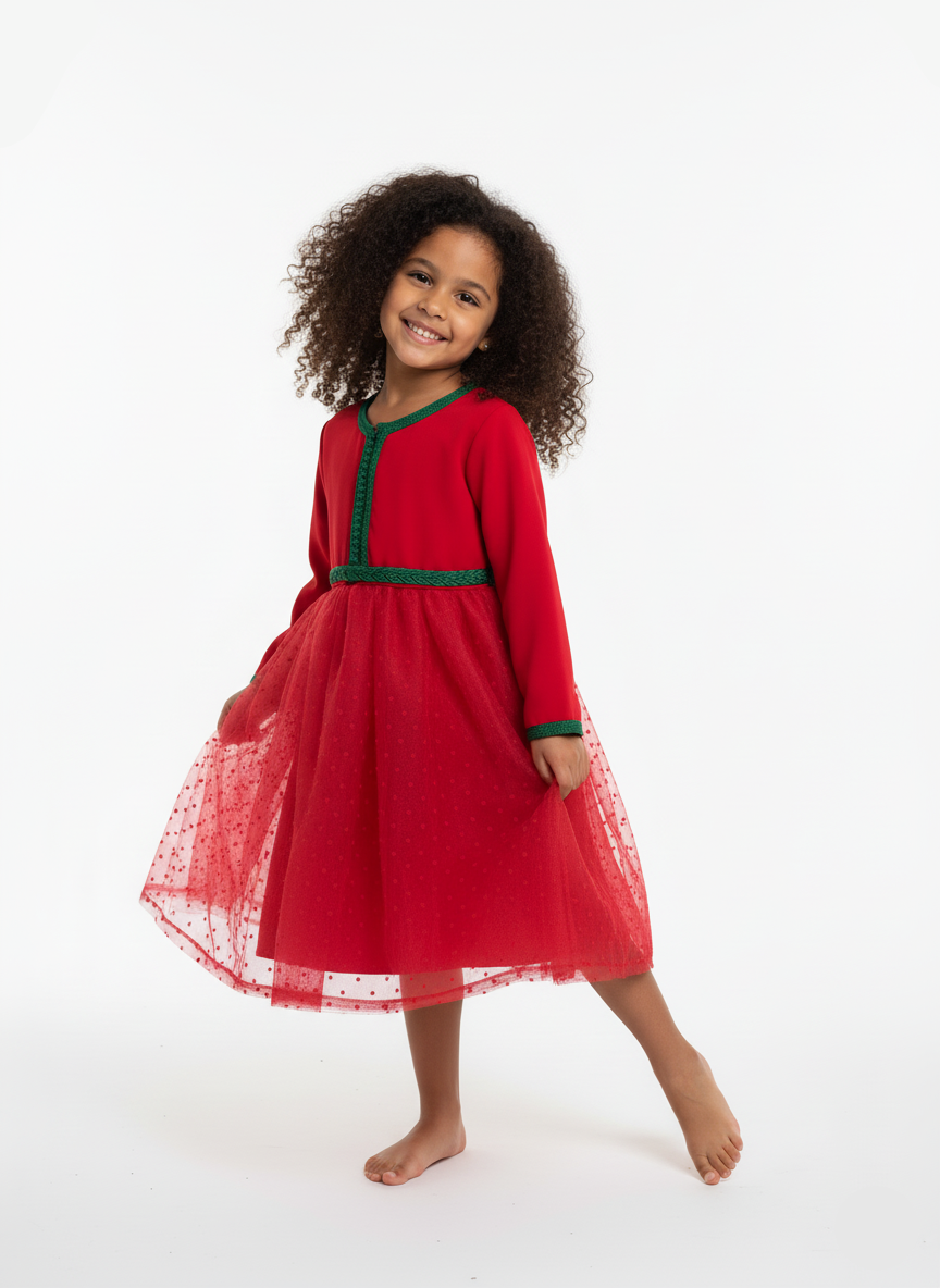 Caftan bladi pour fille rouge et vert de caftan nawal