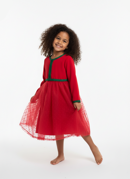 Caftan bladi pour fille rouge et vert de caftan nawal
