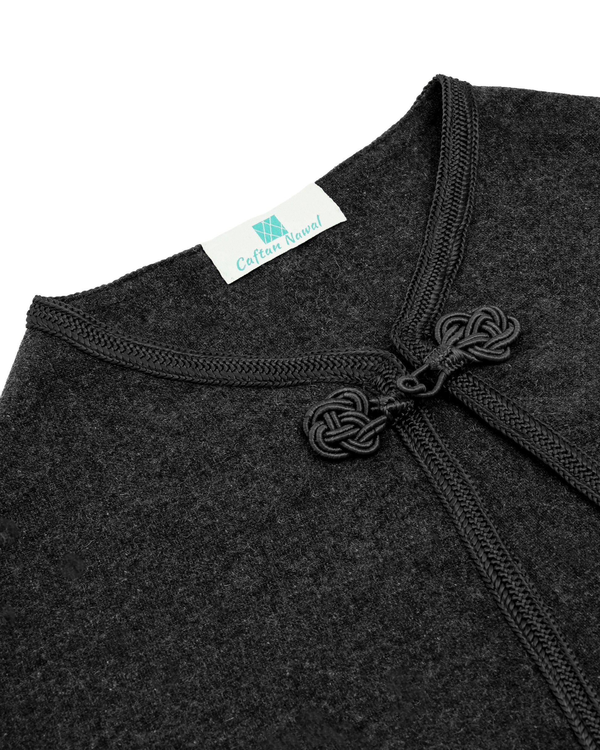 Magnifique Cape traditionnel en cashemire gris foncé uni pour fille, de longueur courte et sans manches avec Sfifa en soie et Kfal de même couleur -  Caftan Nawal