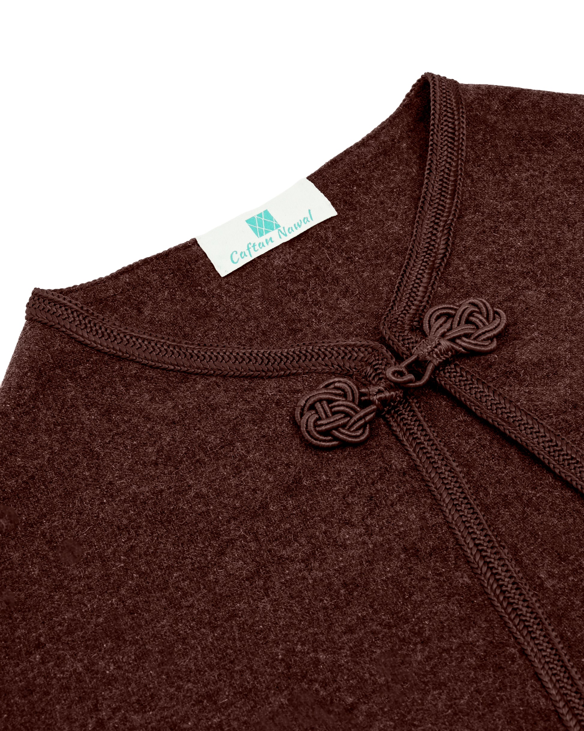 Magnifique Cape traditionnel en cashemire marron meuse uni pour fille, de longueur courte et sans manches avec Sfifa en soie et Kfal de même couleur -  Caftan Nawal