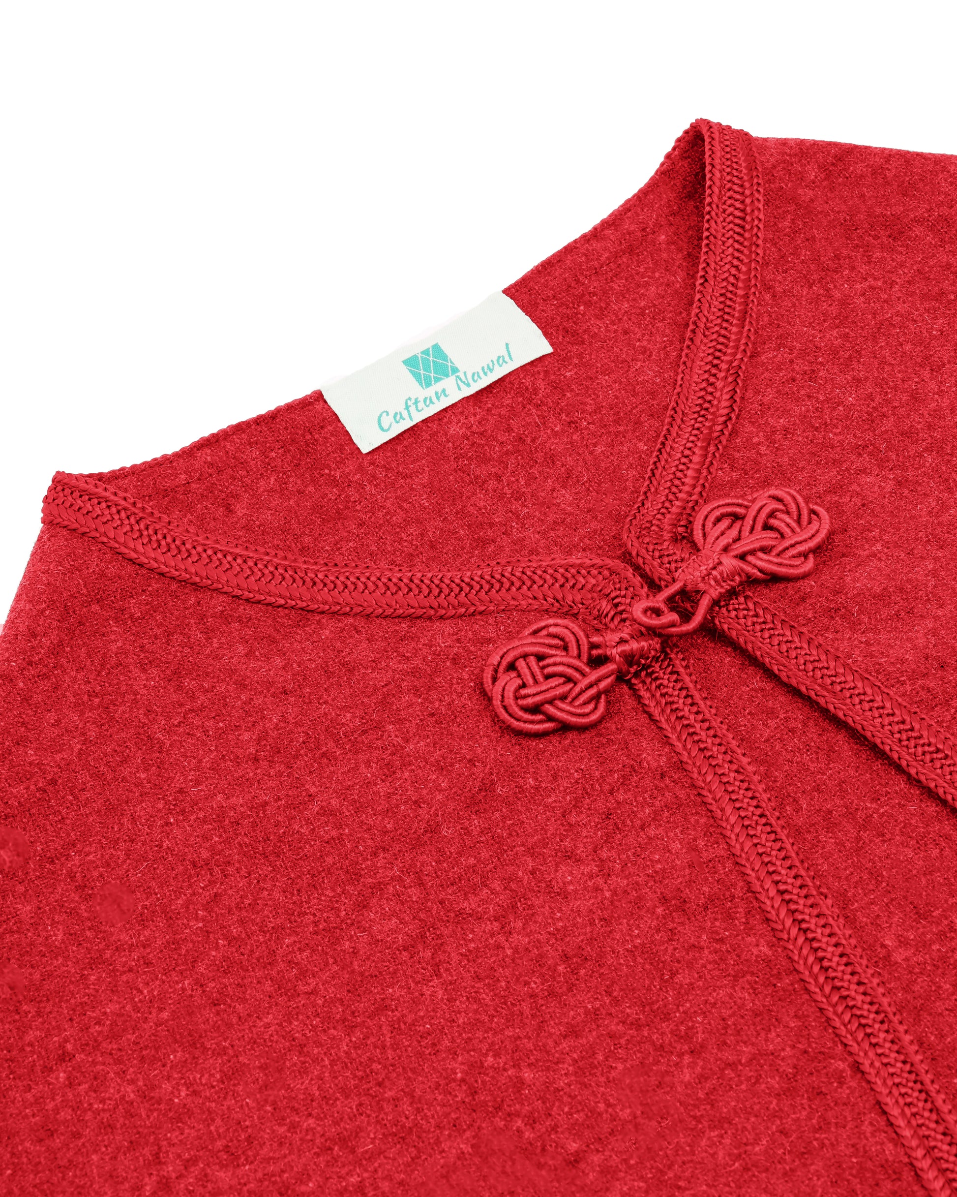 Magnifique Cape traditionnel en cashemire rouge uni pour fille, de longueur courte et sans manches avec Sfifa en soie et Kfal de même couleur - Caftan Nawal